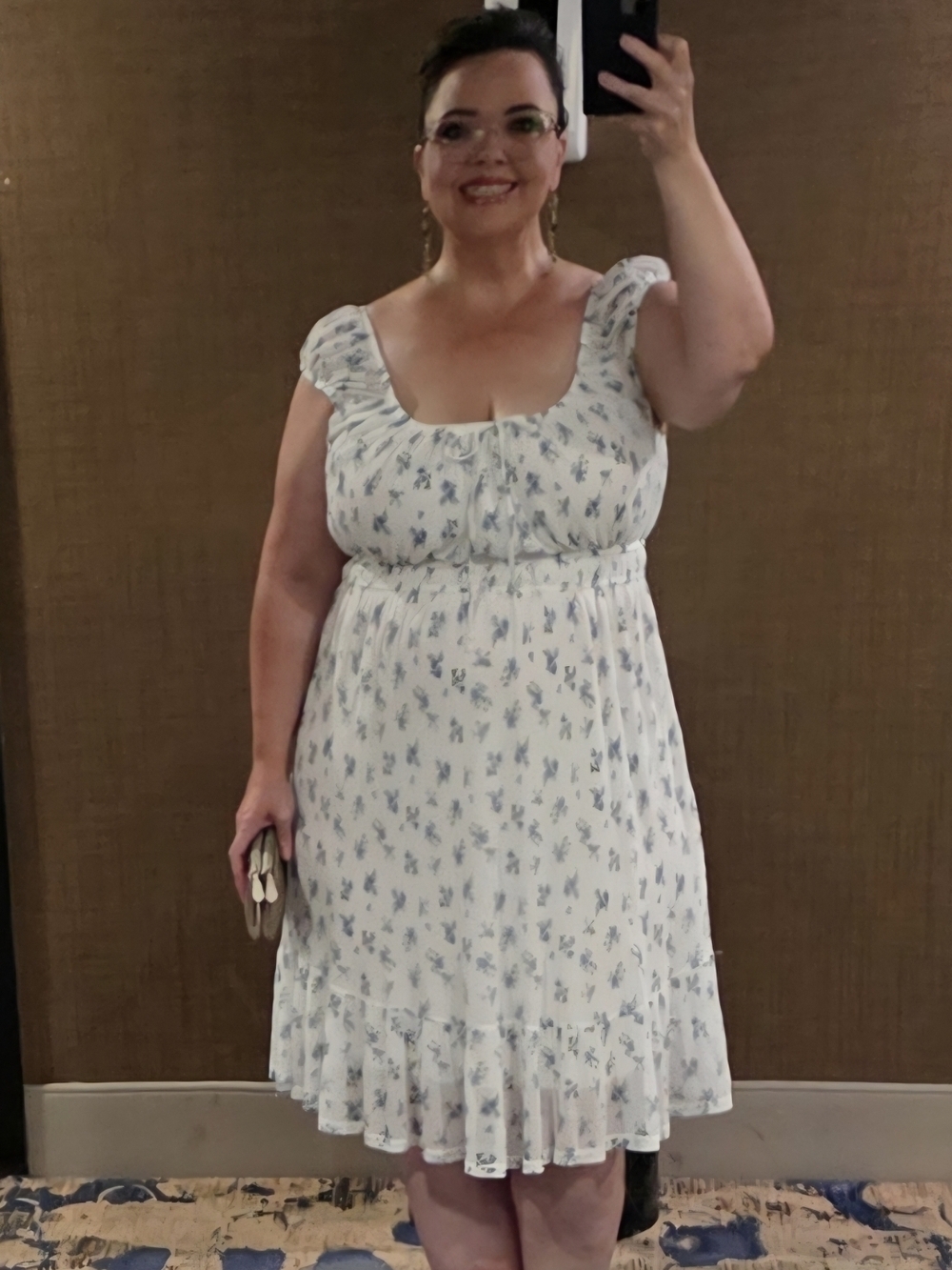 Women’s White Midi Dress with Blue Floral Print by